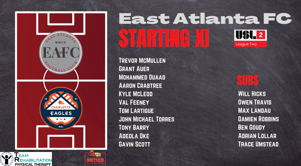 STARTING XI | Your #EAFC lineup for tonight’s match in Charlotte — No changes from Saturday’s win against Dalton:

⚽️Kickoff 🔜

#UpTheLegends🔴 | #USL2 #Path2Pro