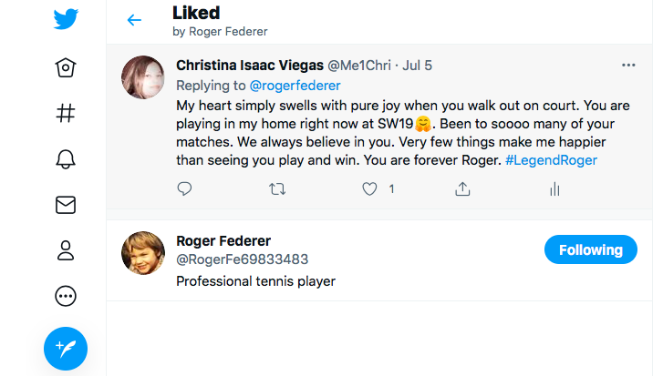 Me1Chri's tweet photo. @rogerfederer OMG OMG😭😭@rogerfederer liked my tweet. Thannnnnk you my dear #Champ #GOAT. I pray🙏 that you play well with each match and peak at the right time and win. We always believe in you, come rain or shine. Rewatching your matches. Such genius and class. Can't wait for the next one😊 https://t.co/KpPOkgNICD