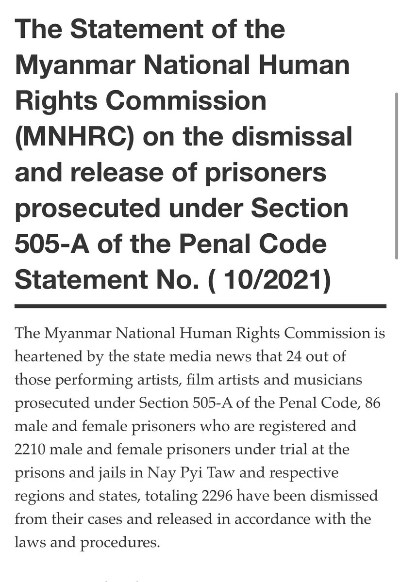 No statement from #Myanmar’s National Human Rights Commission condemning what’s happened since Feb 1, but the Commission is “heartened” by this?! Link: mnhrc.org.mm/en/s102021/

The flaws + lack of capacity/ independence of Myanmar institutions are now fully exposed. RT <a href="/PVamplify/">Progressive Voice</a>