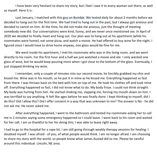 TW // sexual assault:

This is my story.
People in the Lincoln, NE area - please be aware of James Austad.

Please RT.