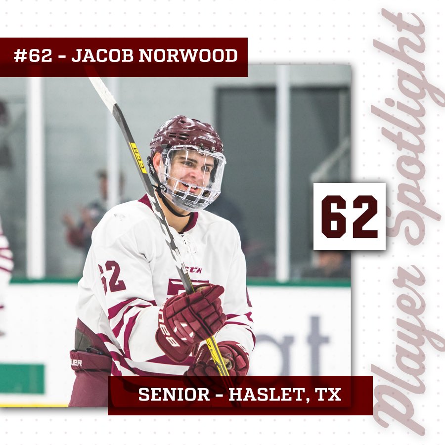 tamuicehockey's tweet photo. Player Spotlight Incoming! TAMU hockey president Jacob Norwood is a senior majoring in Sports Management. Entering his fourth year with the team, Norwood has been a huge part of the defensive core using his size to his great advantage! #TAMUhockey #RunItBackpt2 https://t.co/7lZZ4Kbs1A