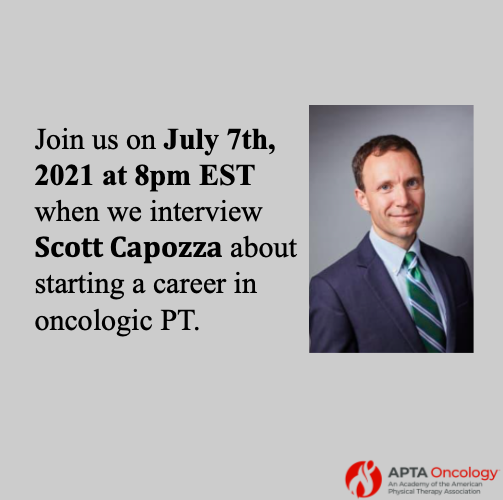 APTAOncologySNP's tweet photo. Mark your calendar!! TOMORROW is the next career chat with @ScottCapozza! We can't wait to learn about starting a career in oncologic PT!
Zoom link: https://t.co/GlbIQvp2Is https://t.co/luOO2lEDJO