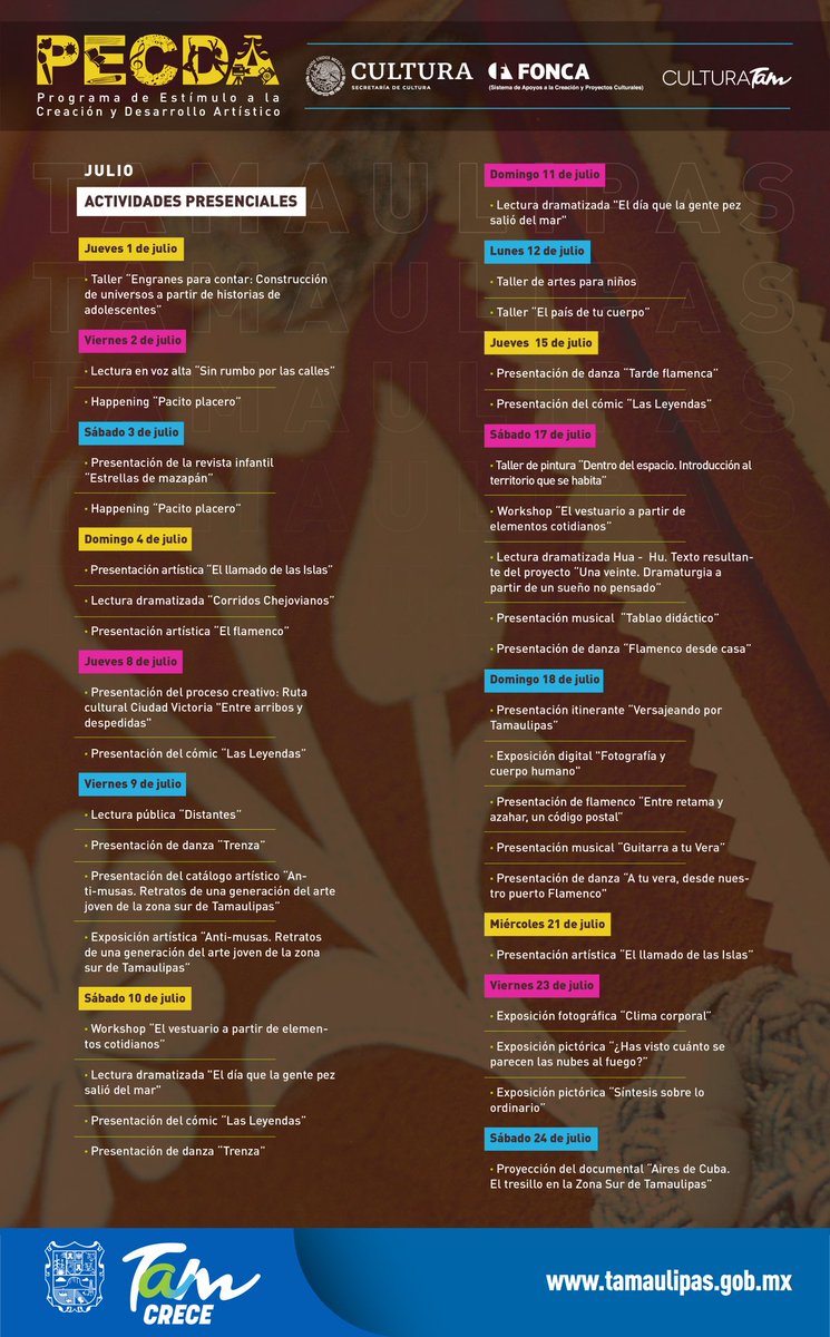 ¿Sabes cuáles son las actividades y talleres presenciales del #PECDATamaulipas?

Ingresa a la agenda y conoce la oferta que ofrecen los beneficiarios en las distintas disciplinas artísticas.

¡Súmate! 👇🏼
tinyurl.com/PECDAPresencial
👤 Cupo limitado
🎫 Entrada gratuita