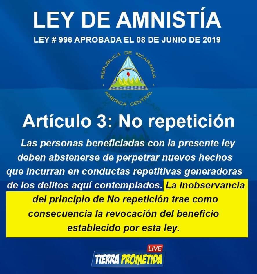 “Las personas beneficiadas por la presente Ley deben abstenerse de perpetrar nuevos hechos que incurran en conductas repetitivas generadoras de los delitos aquí contemplados. La inobservancia del principio de No Repetición trae como consecuencia la revocación del beneficio.