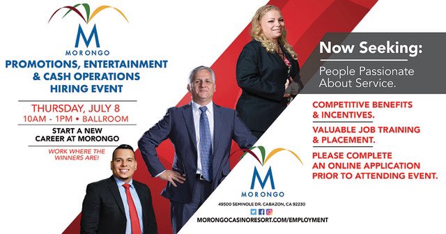 Be part of the BEST team and join our hiring event Thursday, July 8 from 10AM-1PM at the Ballroom. 
Click the link to learn more! 😎

morongocasinoresort.com/employment