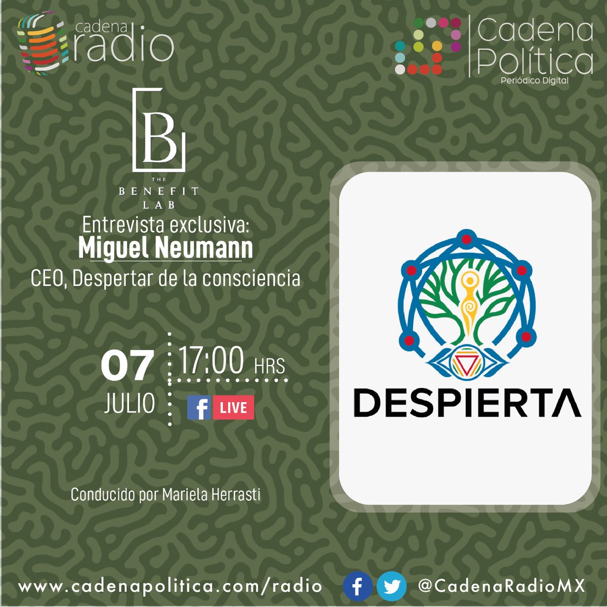 CadenaRadioMx's tweet photo. No te pierdas #TheBenefitLab miércoles a las 17:00 hrs. a través de la señal de FBLive
https://t.co/IV50RJXE0o

Entrevista con Miguel Neumann
Conduce: @marielaHD
#programas #envivo #cadenaradio https://t.co/OJGxPetZ3Z