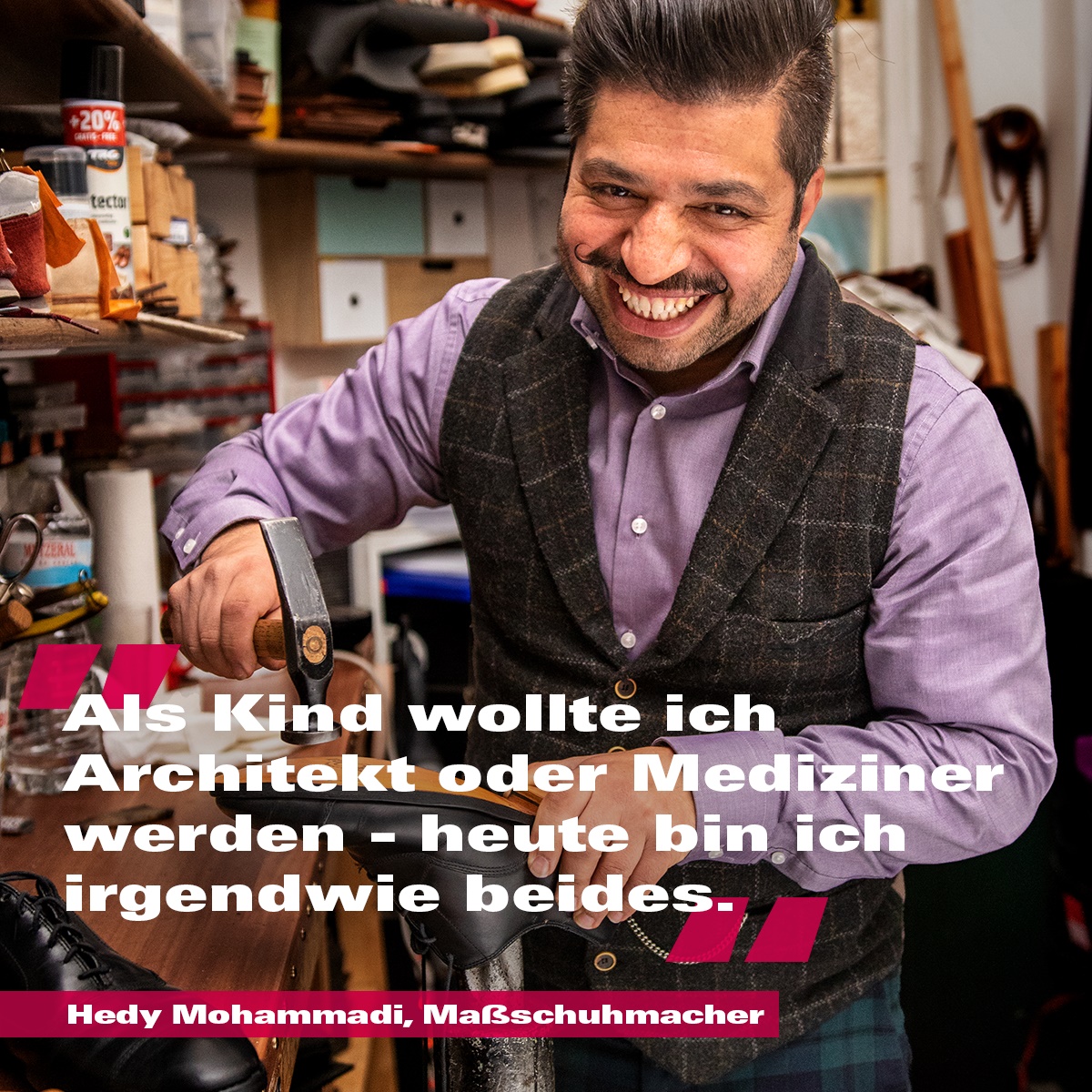 Als Maßschuhmacher „verarztet“ Hedy Mohammadi kaputte Schuhe und designt neue Modelle. Damit vereint er gewissermaßen die Berufe, von denen er früher geträumt hat (Architekt und Mediziner). #wirwissenwaswirtun #dashandwerk #maßschuhmacher #schuhmacher #ausbildungSTARTEN #handmade