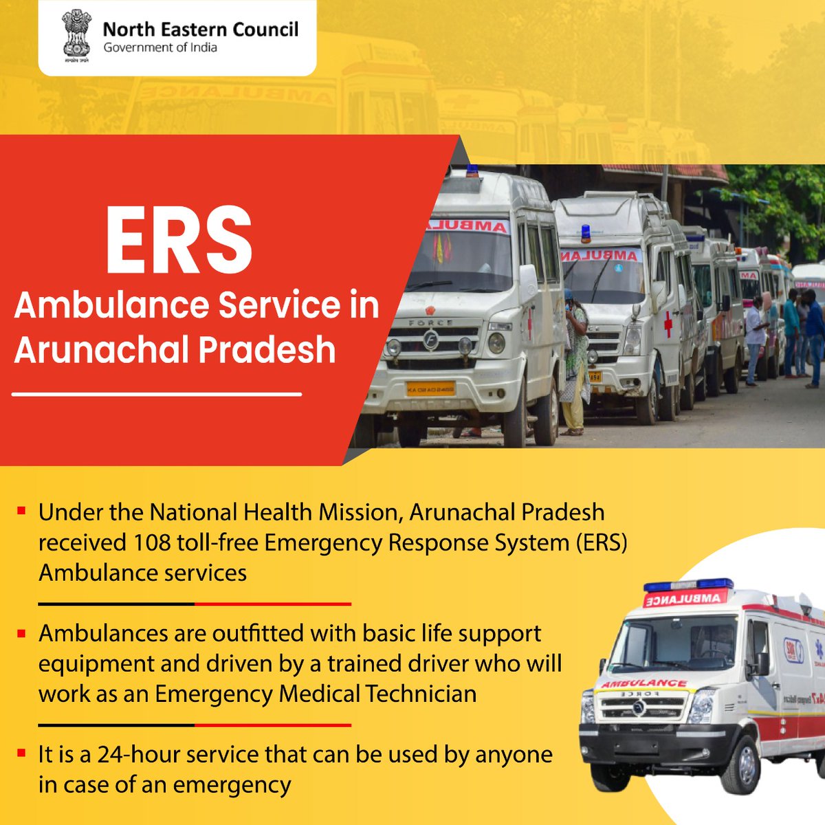 NEC_GoI's tweet photo. Boosting the healthcare in #ArunachalPradesh, as state received 24-hour  #EmergencyResponseSystem (ERS) Ambulance services (108) under the #NationalHealthMission #IndiaFightsCorona 
#Unite2FightCorona

@PIBShillong https://t.co/Mo4h6cjvNd