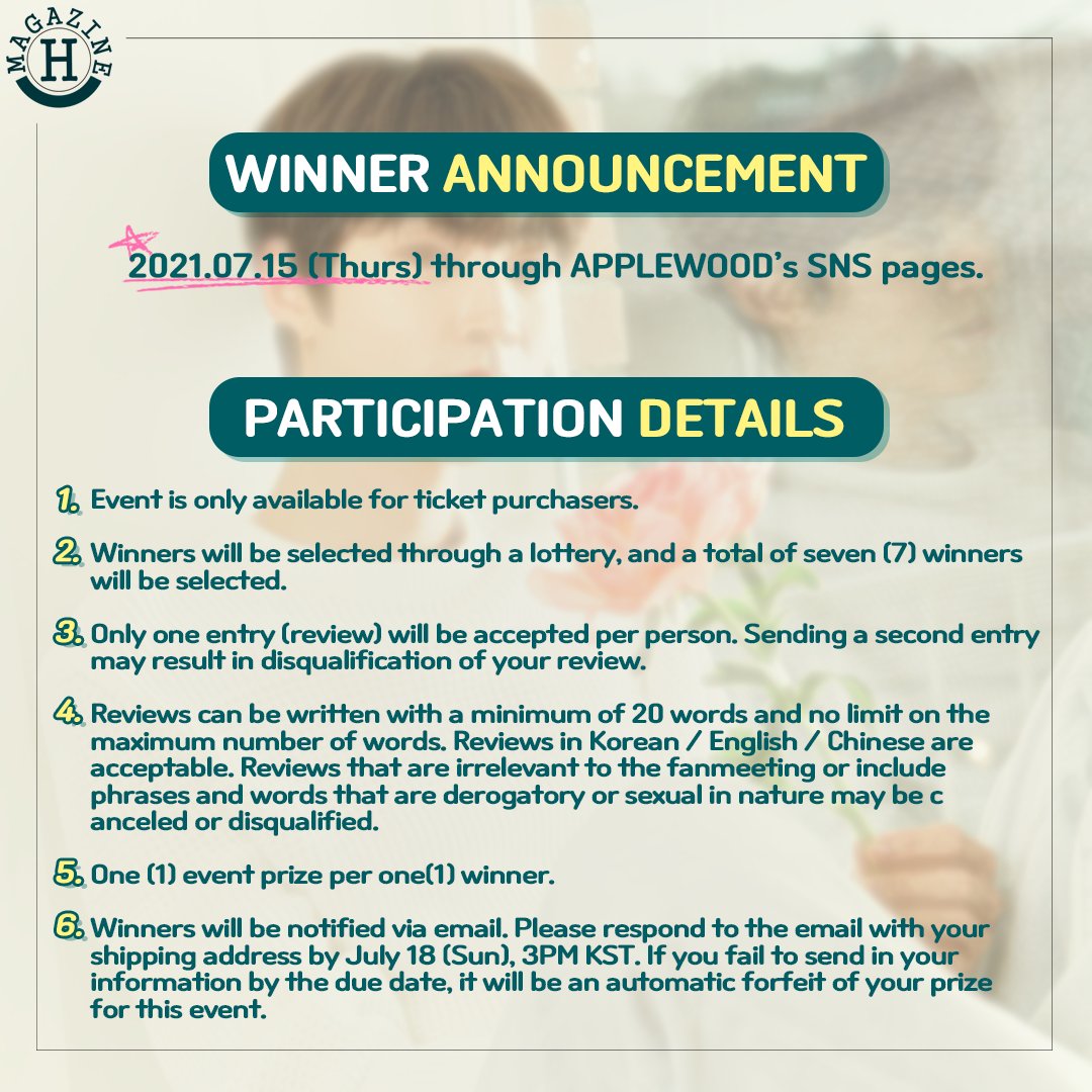 _mymusictaste's tweet photo. 🎁Fanmeeting Review Event🎁

2021 HWANG IN YOUP Ontact Fan Meeting [Magazine H : Hi-high Vol.1] ended well thanks to you!
7 winners will get special gifts through a review event!

Excited to see reviews!🥰

#황인엽 #HWANGINYOUP #MagazineH #Hihigh #인엽만있으면되엽 #APPLEWOOD #MMT https://t.co/m5tpW3NCd8