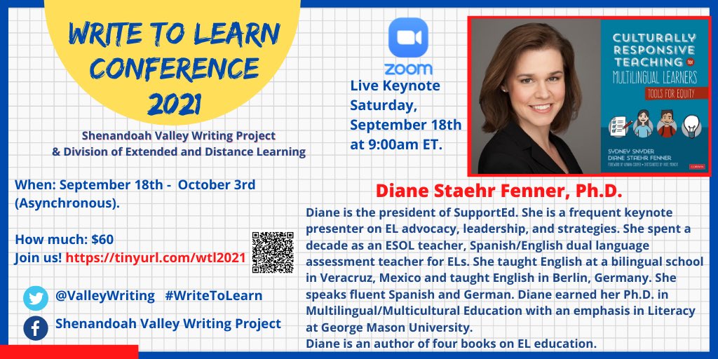 We are beyond excited to have <a href="/DStaehrFenner/">Diane Staehr Fenner, Ph.D. (she/her)</a> as our keynote speaker this year in our #WritetoLearn 2021
•
📝Recertification points
📝Live keynote on Equity &amp; Culturally Responsive Teaching for Multilingual Learners

Please RT!
#PLN #CRT #OnlineConference #PD