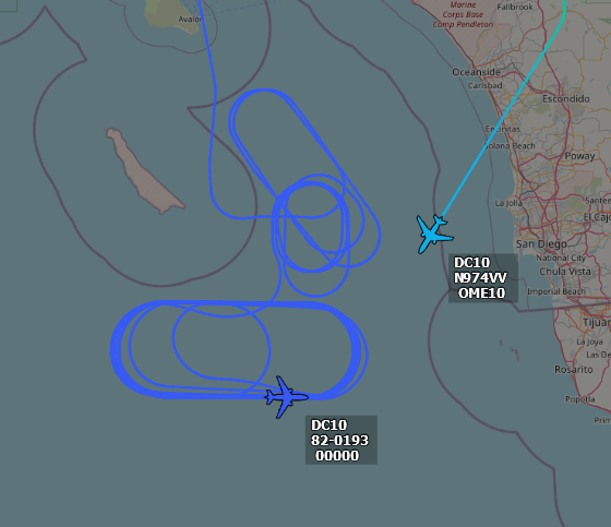 ameliairheart's tweet photo. USAF KC-10A 82-0193 out of Travis AFB, CA making AAR patterns near San Clemente island, CA. Approaching is an @OmegaTanker KDC-10 N974VV out of March ARB, CA. #ADSB #AE0212 #AD9470 https://t.co/MM3AJ6S1C7