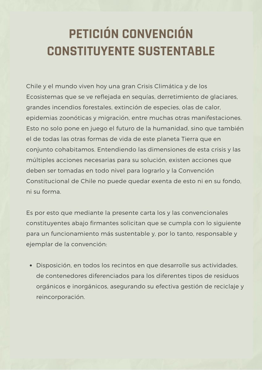 Conversando con varies constituyentes sobre prácticas que creemos deben mejorar y acordarse en la convención para hacer más sustentables sus operaciones, hacemos un llamado para que se recojan estas peticiones y lograr un funcionamiento más sustentable y responsable 🌎🌱