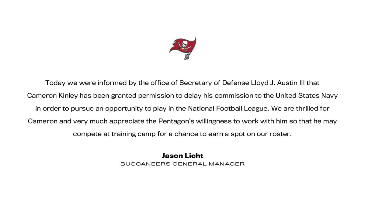 Buccaneers's tweet photo. See you at training camp, @ck3thethrill https://t.co/r2tNQ6ckBr