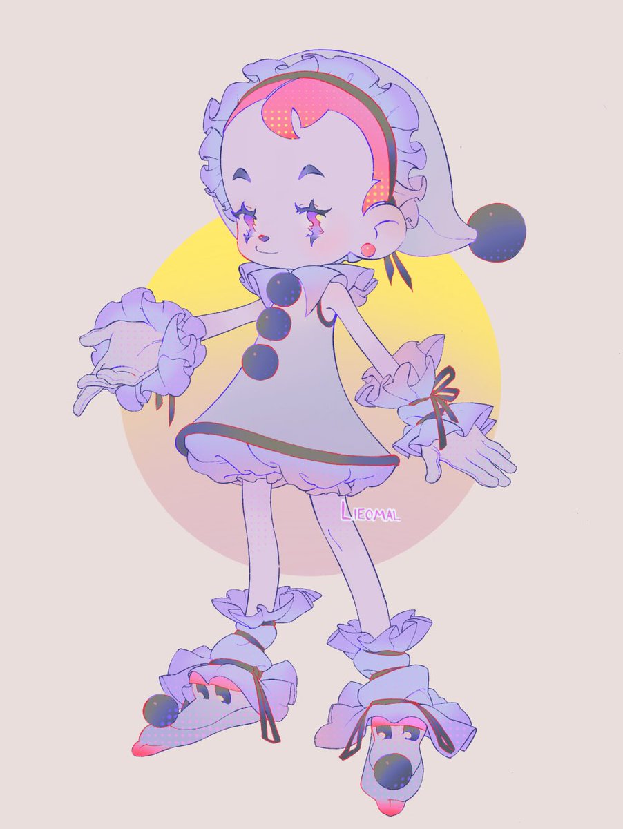 a clown / pierrot oc I made recently! her shoes woof every time she takes a step