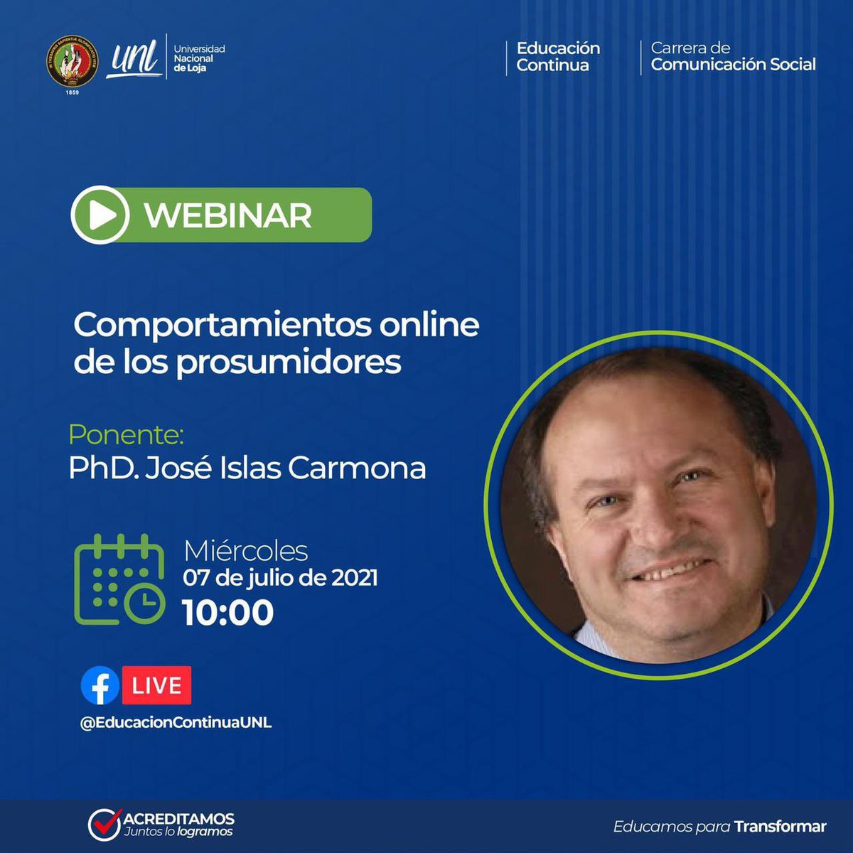 ComuSocialUNL's tweet photo. #WebinarUNL 

Mañana nos acompaña @octavioislas para hablar sobre comportamientos online de los prosumidores. 

⏰ 10:00
🔴 Facebook Live ➡️ @EduContinuaUNL 

¡Te esperamos! https://t.co/RX8yBIe3uP