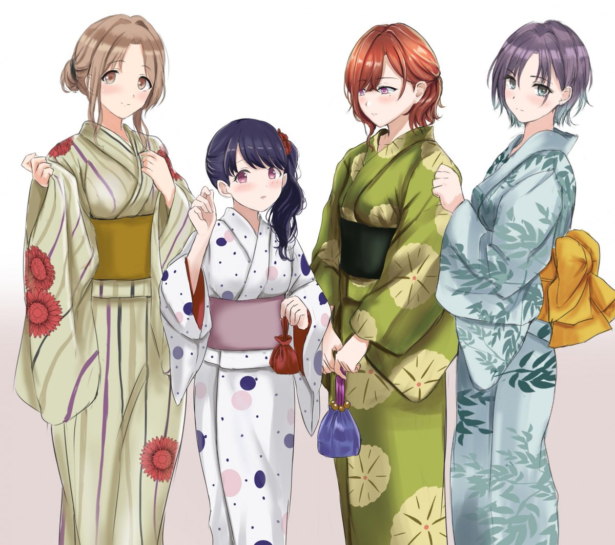 asakura toru ,fukumaru koito ,higuchi madoka ,ichikawa hinana kimono multiple girls japanese clothes 4girls green kimono obi yukata  illustration images