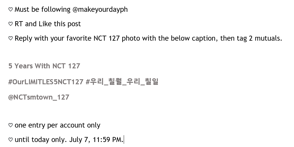 makeyourdayph's tweet photo. #MakeYourDay_Giveaways

@NCTsmtown_127's 5th Anniversary Giveaway! 💚

PRIZE: NCT 127 ONLINE FANMEETING 2ND MD LINE UP (1 ITEM OF YOUR CHOICE)

See mechanics on the photo below: https://t.co/xsu190yUts