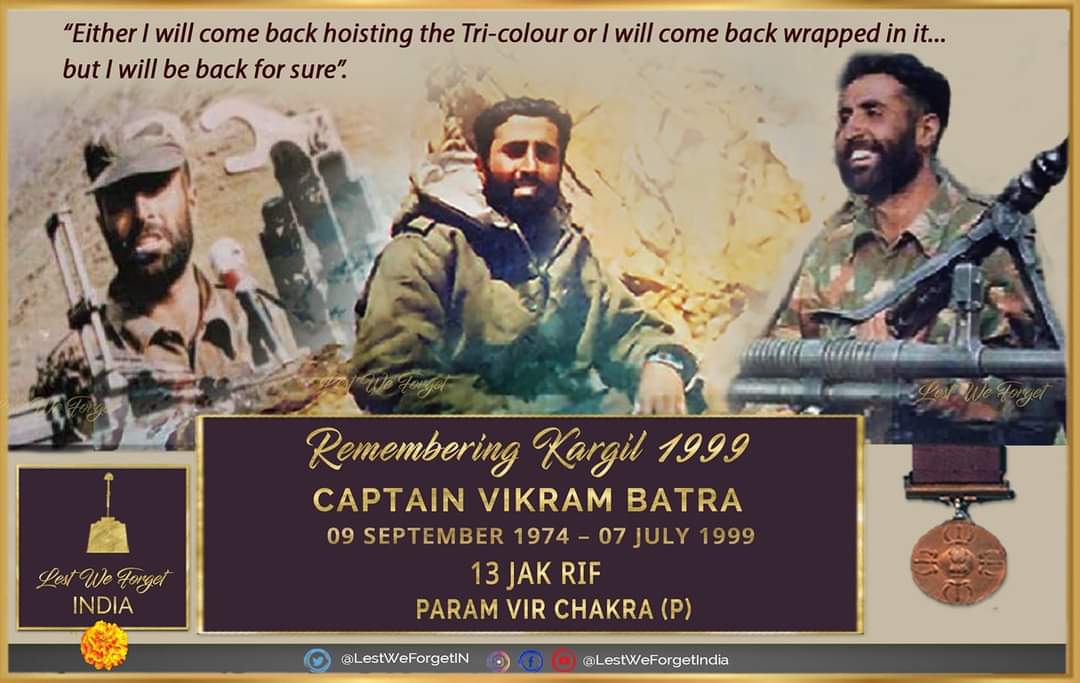 #RememberingKargil #LestWeForget Capt Vikram Batra, #ParamVirChakra (P),the Shershah of 13 JAK RIF #BravestOfTheBrave ,The supreme sacrifice of the gallant #IndianBrave re-capturing Point 4875, #OnThisDay 07 July in 1999 remains etched forever. #OpVijay #Kargil1999 @aaliayub9
