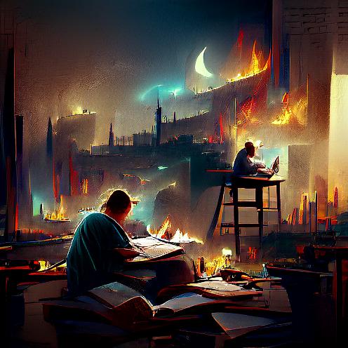 VQGAN + CLIP "matte painting of someone reading papers and burning the midnight oil | trending on artstation"