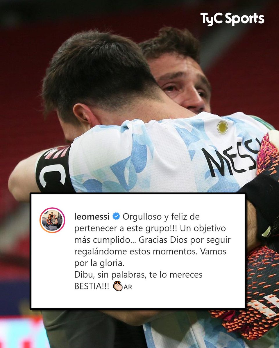 TyCSports's tweet photo. ¡GRACIAS POR OTRA FINAL, CAPITÁN! 🇦🇷😍🔟

El posteo de Leo Messi, con dedicatoria especial para Dibu Martínez. https://t.co/r1uwm3vgAu