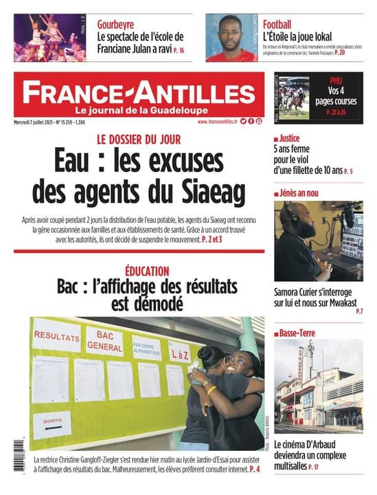 FAGuadeloupe's tweet photo. À la Une de votre quotidien de ce mercredi 7 juillet 2021. Retrouvez également l’actualité de l’archipel sur notre site internet https://t.co/tTYPEVSqeF
Bonne lecture !
https://t.co/jLNDZv7ewB https://t.co/0jsEMhi6Kx