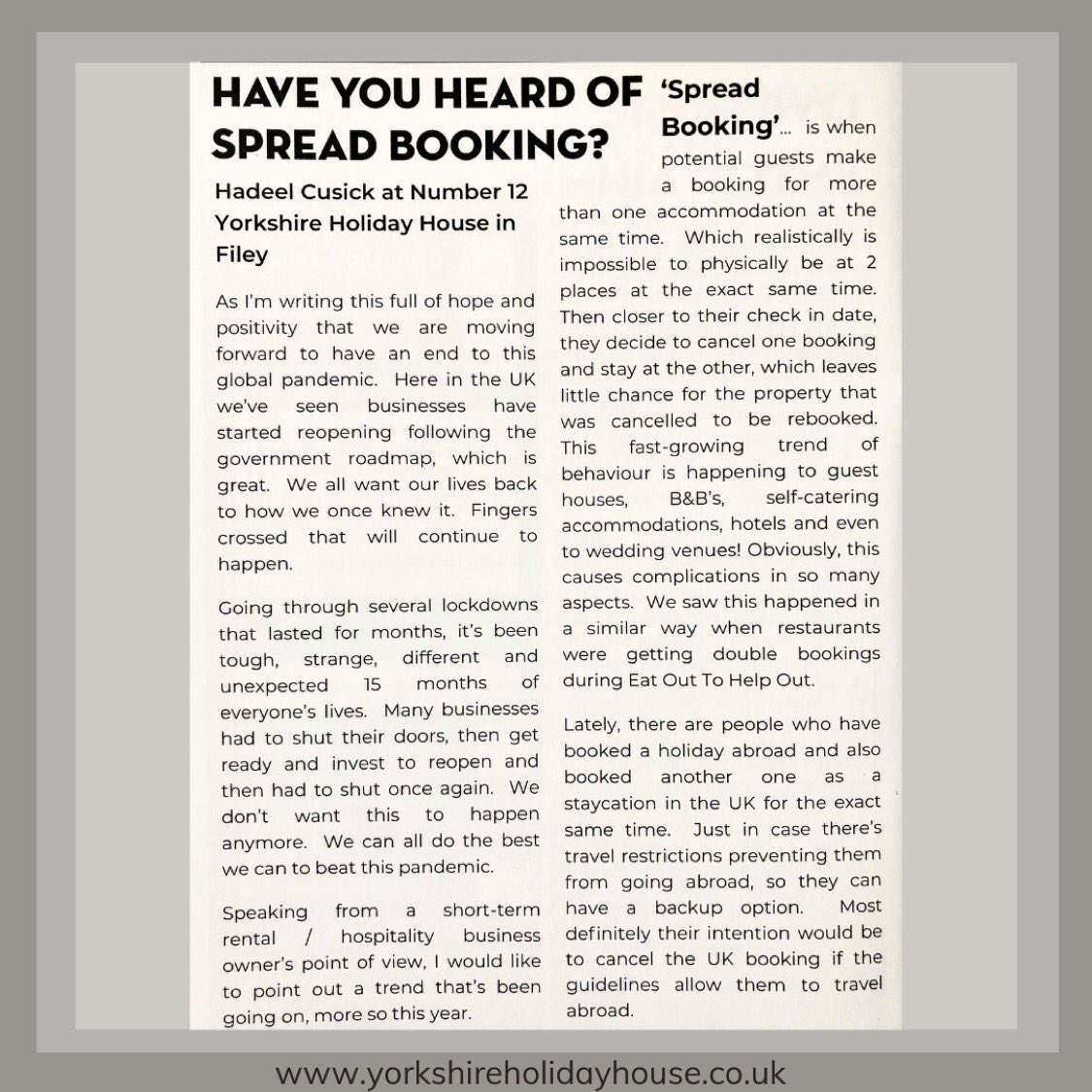 CusickHadeel's tweet image. Here’s the article I wrote about spread booking. 

Thank you @FileyBayToday for publishing it in the July 2021 edition and for the ongoing support you provide to local businesses.

Online subscription to #fileybaytoday at
fileybaytoday.co.uk
.
.
.