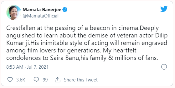 timesofindia's tweet photo. Crestfallen at the passing of a beacon in cinema, says Mamata Banerjee on passing of actor #DilipKumar https://t.co/yugQuYFM09