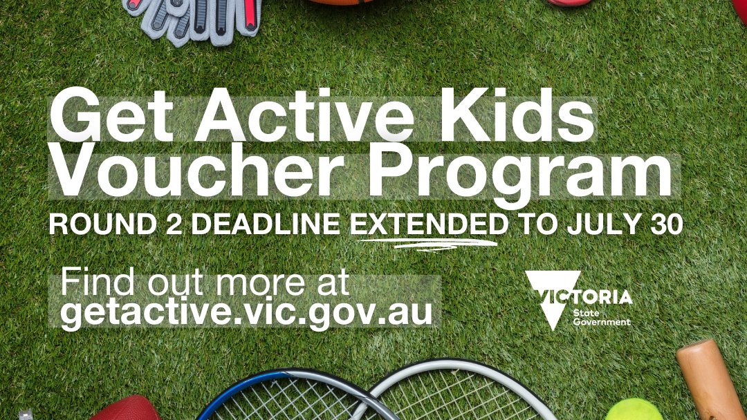 📅 Applications for Round 2 of the Andrews Labor Government’s Get Active Kids Voucher Program have been extended to July 30!

The program provides up to $200 to help eligible kids with the costs of grassroots sport. Visit getactive.vic.gov.au/vouchers for details.