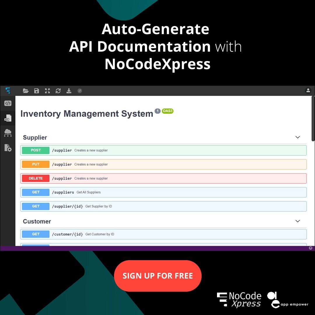 lesscodeplus's tweet image. You can auto-generate API documentation using NoCodeXpress to have your APIs well structured and easy to understand when developing large-scale applications.
Signup and start using today: nocodexpress.app
#NCX #NoCode #LowCode  #API #Backend #documentation #Swagger #code