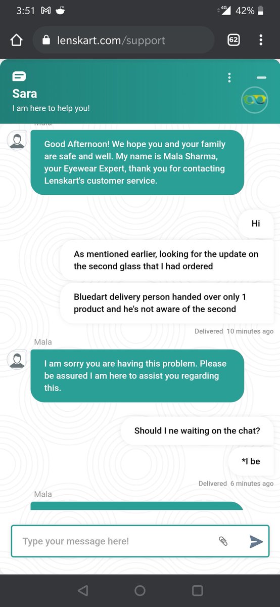 cbhargav's tweet photo. .@Lenskart_com I made a purchase of 2 computer glasses and got 1 tracking ID. When I reached out to support to check why I received only 1 item, I kept getting impatient responses. Please ask your team to give a couple of mins before they shut down the chat on the face. https://t.co/eSYNjGA3Or