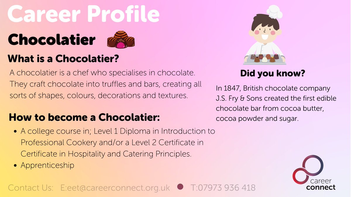 Today is #WorldChocolateDay and we're celebrating this day with a #careerprofile graphic. Check out how you could become a #chocolatier below. For more information on this sweet career click the link ➡️bit.ly/36iktbT