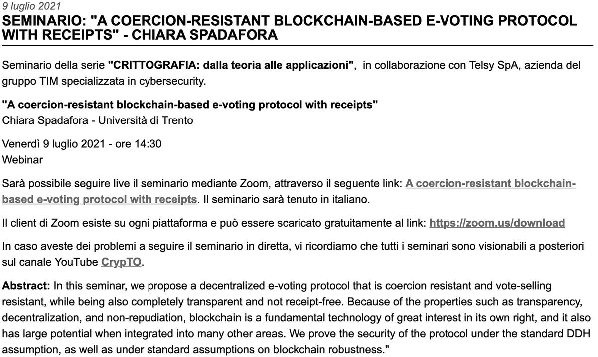 DaniloBazza's tweet photo. SEMINARIO: "A coercion-resistant blockchain-based e-voting protocol with receipts"
Chiara Spadafora - Università di Trento

Venerdì 9 luglio 2021 - ore 14:30
https://t.co/BSjcqaOLhZ https://t.co/0iVvi6jRQQ