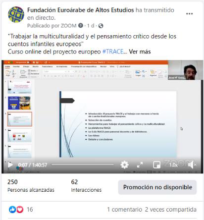 ProjectTrace's tweet image. The Euro-Arab Foundation (FUNDEA) organised the “Trace Multiplier Event: Online course: Working multiculturalism and critical thinking through children’s stories” which was held online through the Zoom platform, on 22nd June 2021.
