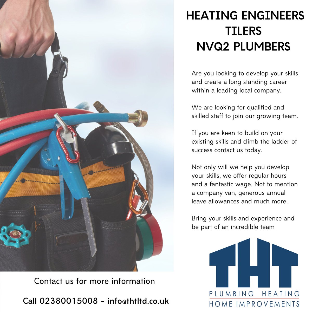 CALLING ALL HEATING ENGINEERS, NVQ2 PLUMBERS AND TILERS. 

We are looking to expand our team and have positions available for the roles above. 

If you are looking to join a great local team then get in touch for a chat.