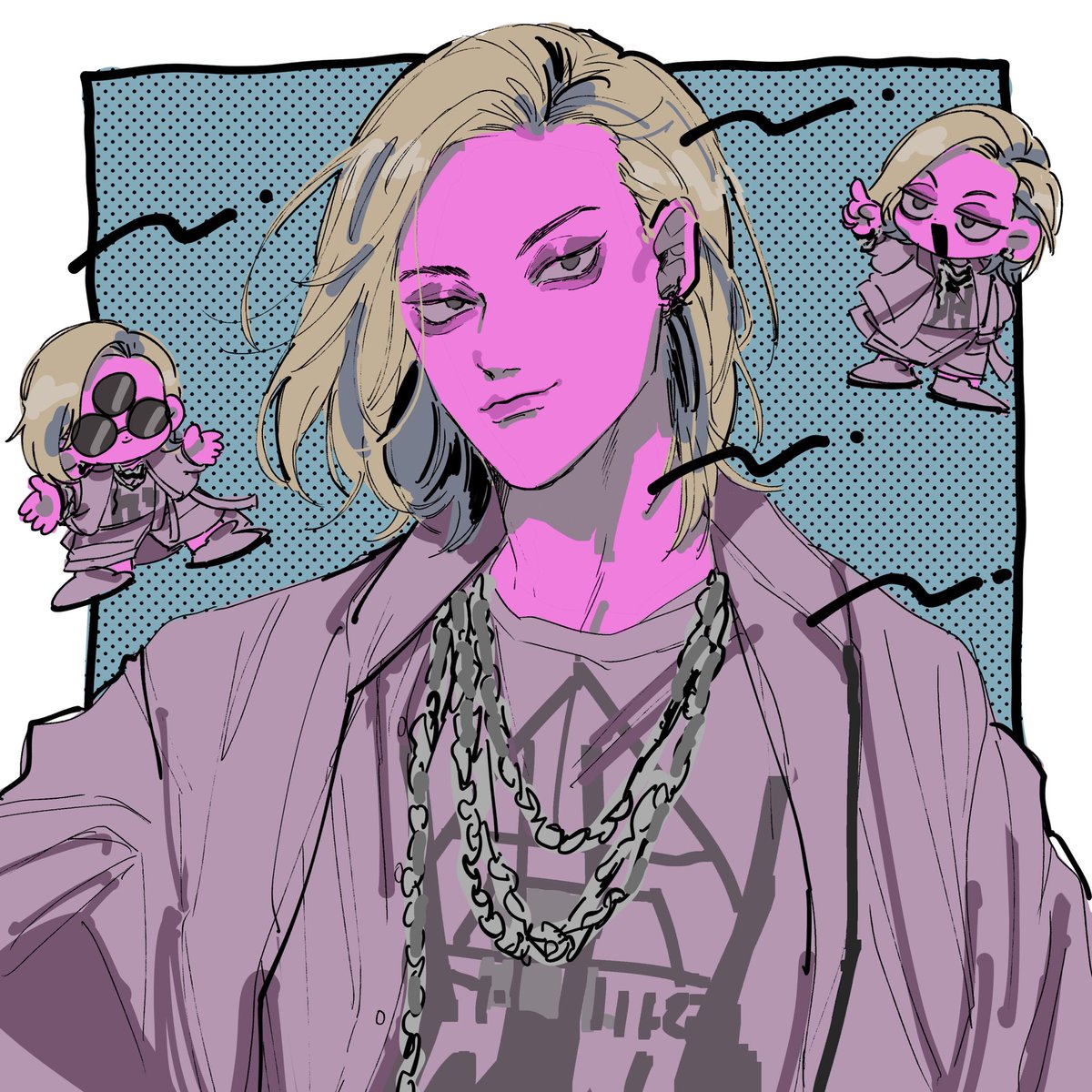 1boy male focus jewelry blonde hair necklace earrings jacket  illustration images
