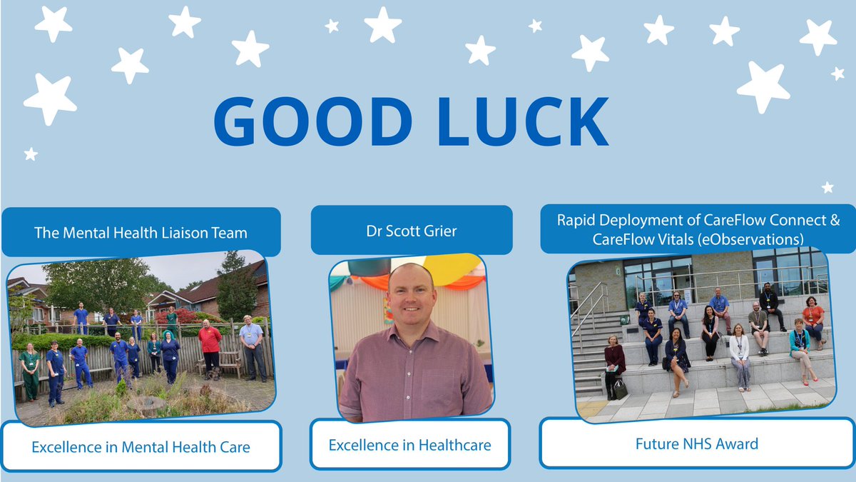 We’re sending lots of luck to our Mental Health Liaison Team, Dr Scott Grier and our CareFlow Connect and CareFlow Vitals project team who are finalists in the #NHSParlyAwards tonight ⭐️💙🏆 @MariaKaneNHS