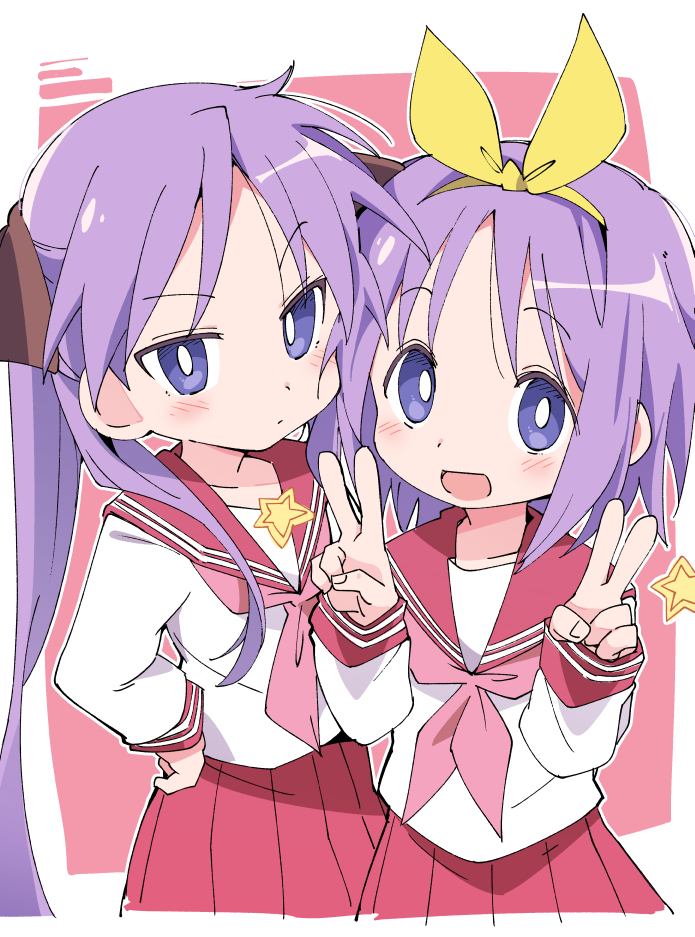 hiiragi kagami ,hiiragi tsukasa multiple girls 2girls ryouou school uniform sisters siblings school uniform v  illustration images