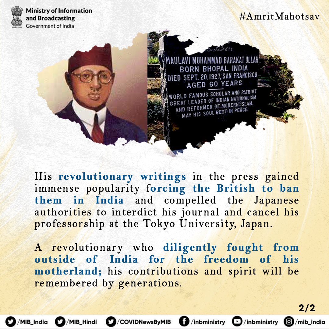 PIBBhopal's tweet photo. A scholar, journalist, revolutionary, but most of all a patriot. 
Let's remember the contributions of "#MaulanaBhopali", who fought diligently for the freedom of his motherland, from outside of India.

#AmritMahotsav 
#Barkatullah https://t.co/K9Kz3Gnkgs