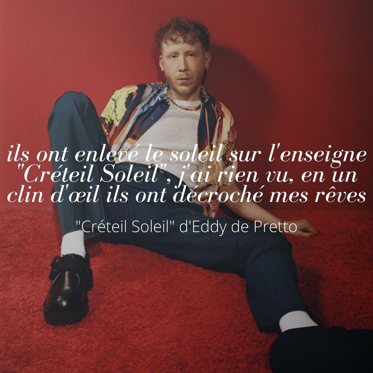 laplaylistdeju's tweet photo. 🌞
"Créteil Soleil" d'Eddy de Pretto (@eddydepretto)
#eddydepretto #lyrics #paroles #musicblog #instamusic #listen #nowplaying #enecoute https://t.co/6b6Lx62jAv