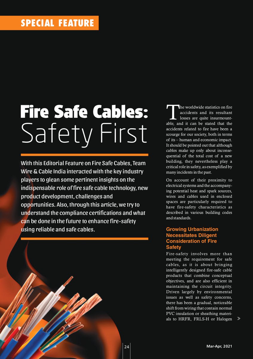 wirecableindia's tweet photo. Read full Article: https://t.co/3nHeBHaJXg
#WireandCableIndia's Special Feature on 'Fire Safe Cables' sheds insights from #TopCableCompanies on the importance of fire safety, new product development and indispensable role of #firesafecables.
#wireandcableindustry #firereardant https://t.co/oky7H479Nt