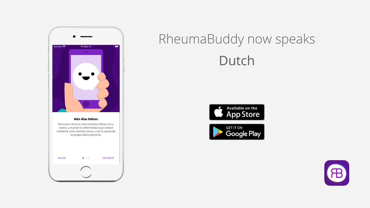 Start tracking your #RheumatoidArthritis on RheumaBuddy 💜 from today, also in Dutch! 🇳🇱 
Download it now from the App Store or the Play Store, it's available in 35 countries
#RA #JIA
