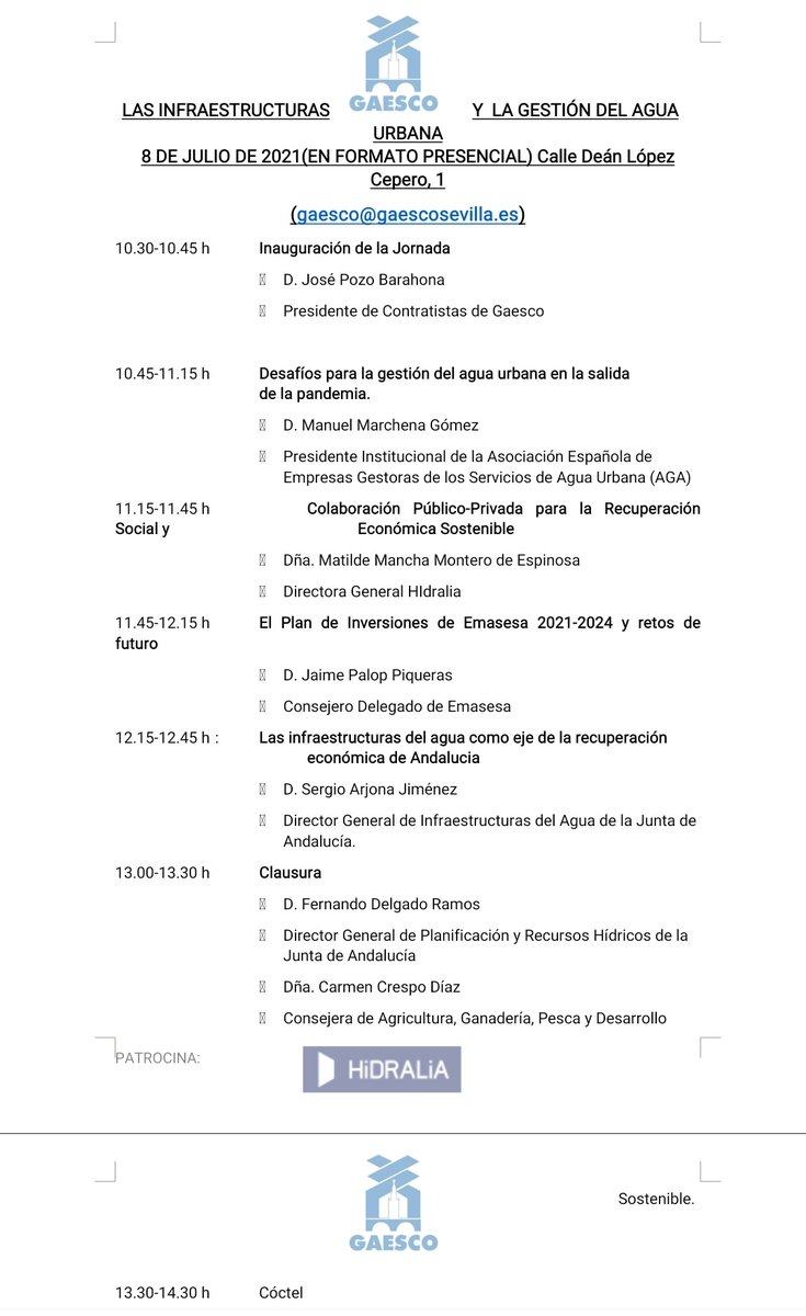GAESCOSEVILLA's tweet photo. 📅 Recuerda que mañana jueves, la sede #GAESCO acoge la jornada "las infraestructuras y la gestión del agua urbana" 💧 a partir de las 10:30 horas.
Aquí te recordamos el programa del acto 👀👇🏼 https://t.co/8GnDNPYL2X