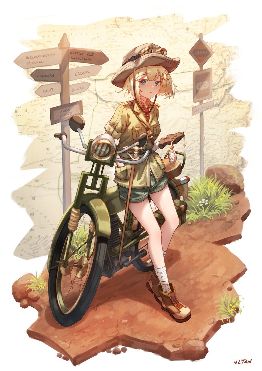 watson amelia 1girl blonde hair blue eyes solo shorts ground vehicle hat  illustration images