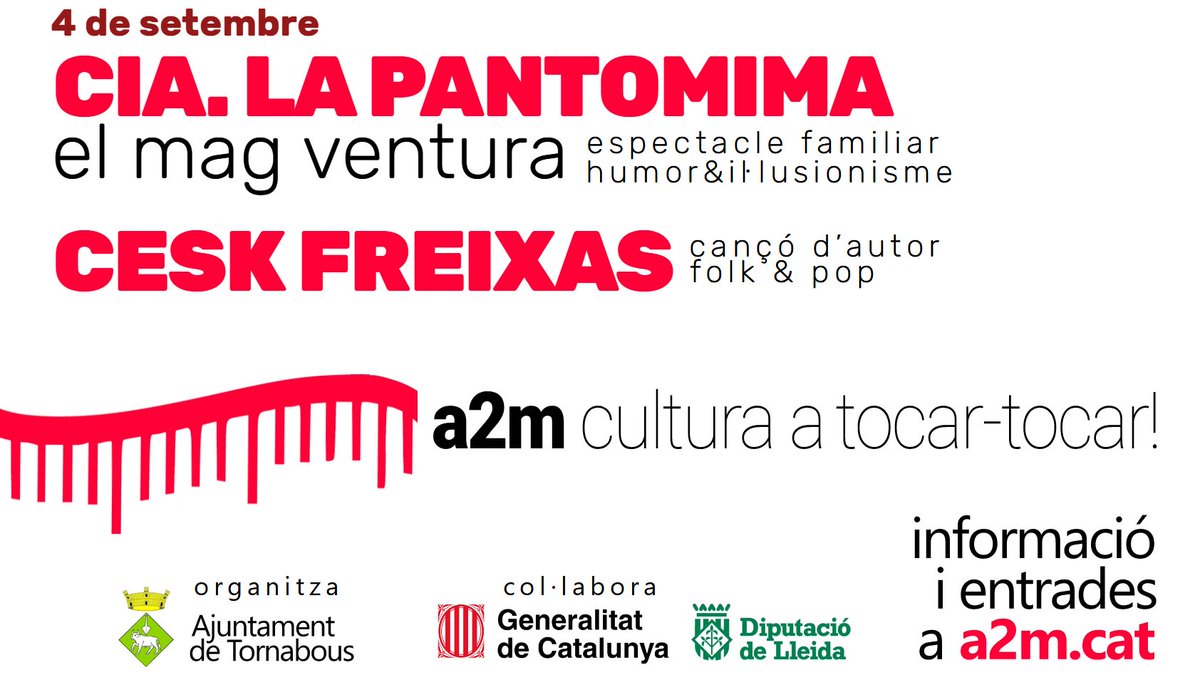 #quèfemMTb
Demà comença la segona edició del #festivala2m al #municipideTornabous.
#CulturaSegura als nostres pobles, durant els mesos d'estiu '21.
+ informació i reserva de localitats a a2m.cat
#cultura #música #teatre #animació #agendacultural #laculturaéssegura