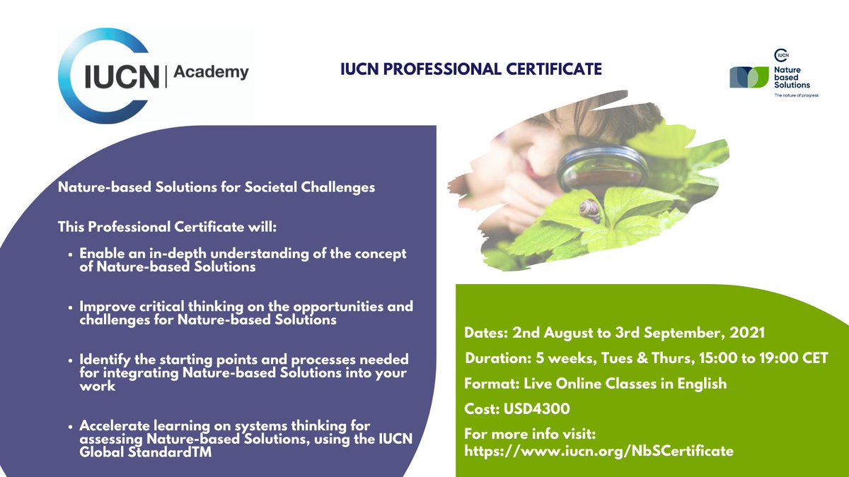 RadhikaMurtiPhD's tweet photo. Be part of our first ever professional certificate training on Nature-based Solutions. An exciting 5-week course with lectures and interactive sessions from the very authors of the standard. Registration or more information: nbsstandard@iucn.org https://t.co/97fAC3K7hM