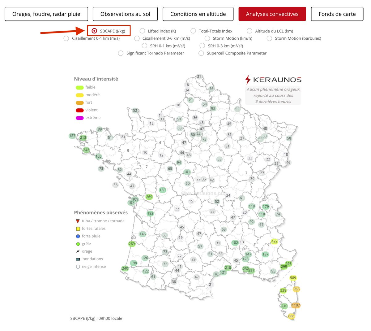  Explication des différents paramètres de notre carte en temps réel : SBCAPE : la Surface-Based Convective Available Potential Energy quantifie, en J/kg, l'énergie convective disponible dans un profil atmosphérique donné. Part 1/2 