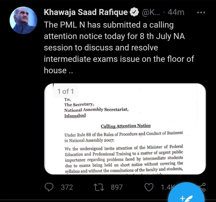 Deal_With_It989's tweet photo. No protest, no trend, no voice of ours has been heard. The only hope we have now is the 8th July NA meeting. We have high hopes from you @KhSaad_Rafique. If this fails, then we'll have nothing left. We'll have to give these exams 😔. May God be with us! #cancelboardexams2021 https://t.co/PzclqqnGuY