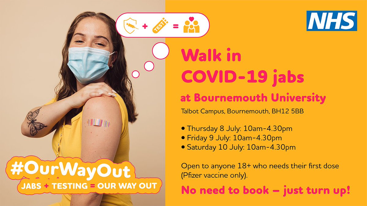 Dorset HealthCare will be operating a temporary 'pop up' vaccination clinic on Bournemouth University’s Talbot Campus from Thursday 8 July to Saturday 10 July. The vaccination clinic will be located within Kimmeridge House (KG01) - find more details here: ow.ly/z54V50FqHz5