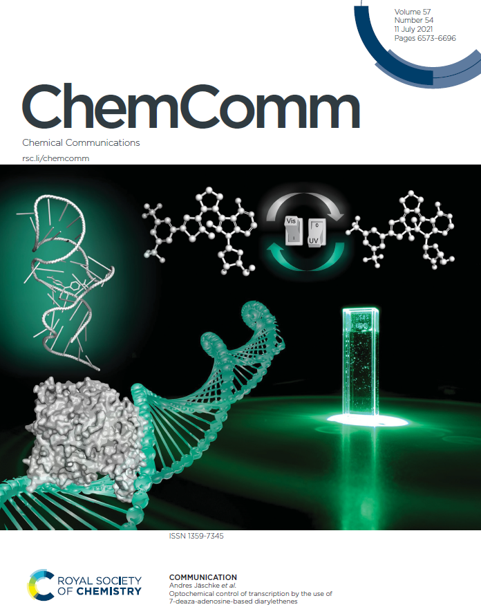JaeschkeLab's tweet photo. Light meets DNA. Yet another step towards controlling transcription with light. Congratulations to Simon Büllmann &amp; Theresa Kolmar for their last @ChemCommun paper selected as #ChemCommCover of issue 54 &amp; as a HOT article by the editors! Great work! #Optochemistry #Transcription https://t.co/k5EpUFZBdj