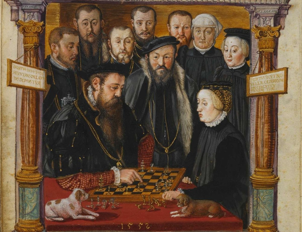 OldPortraiture's tweet photo. Born #OnThisDay in 1528: #AnnaofAustria (1528-90), Duchess of Bavaria as spouse of Duke #AlbertV
Portrait playing chess with her spouse from the "Kleinodienbuch der Herzogin Anna von Bayern" by #HansMuelich (1516-73), 1552-5
#Habsburg #Wittelsbach https://t.co/awmyt4CUJq